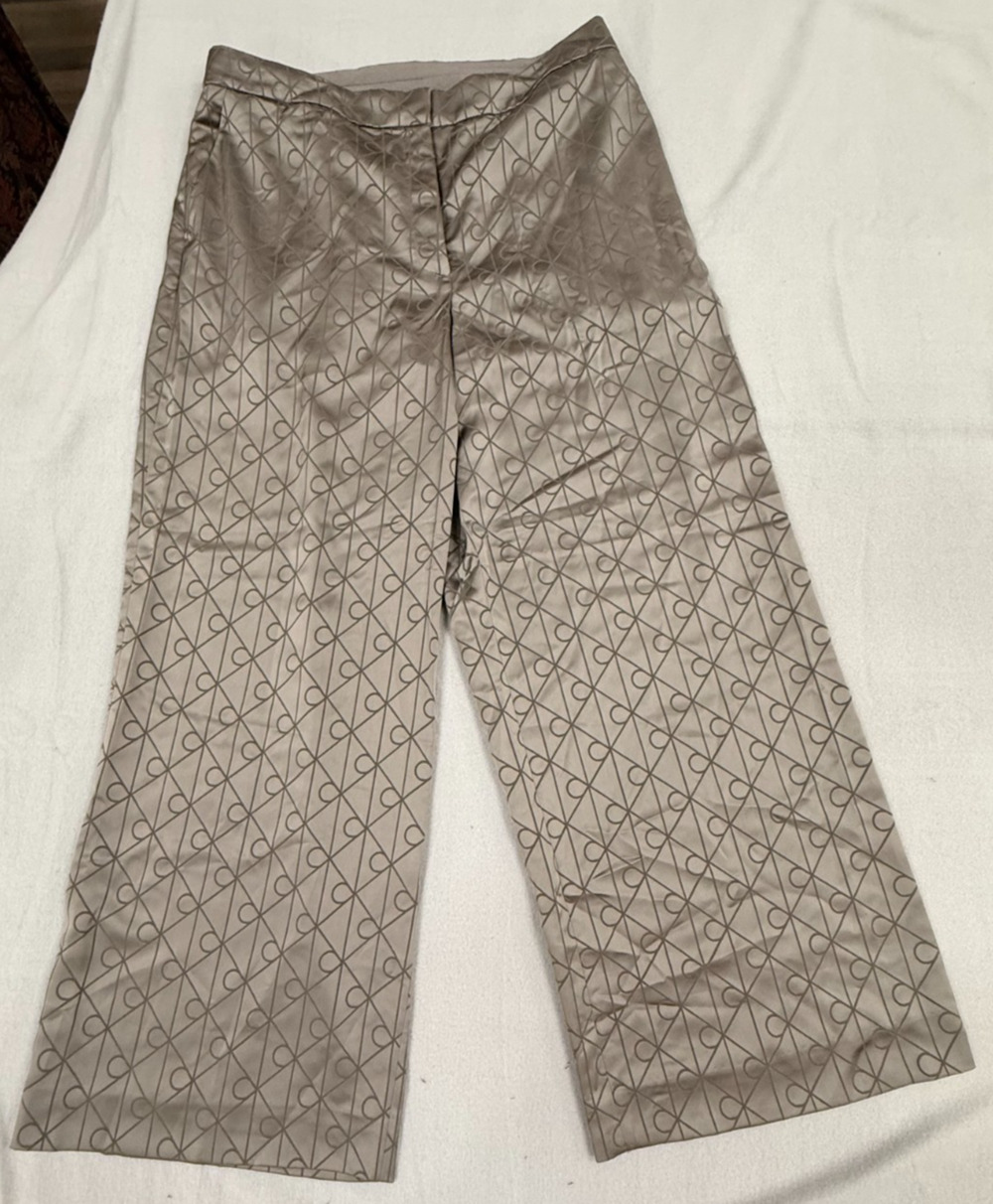 Calvin Klein Wide Leg Pants Womens 14 Gray Taupe Satin Monogram Geometric NWT